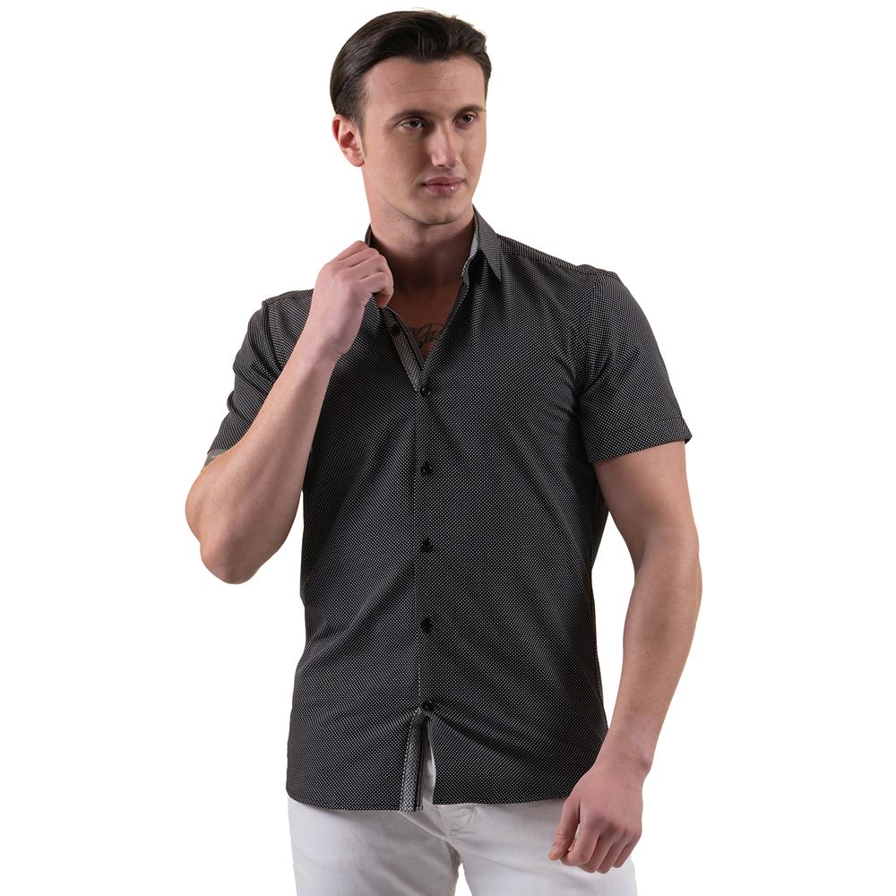 Black and White Polka Dot Printed Men's Short Sleeves Shirt