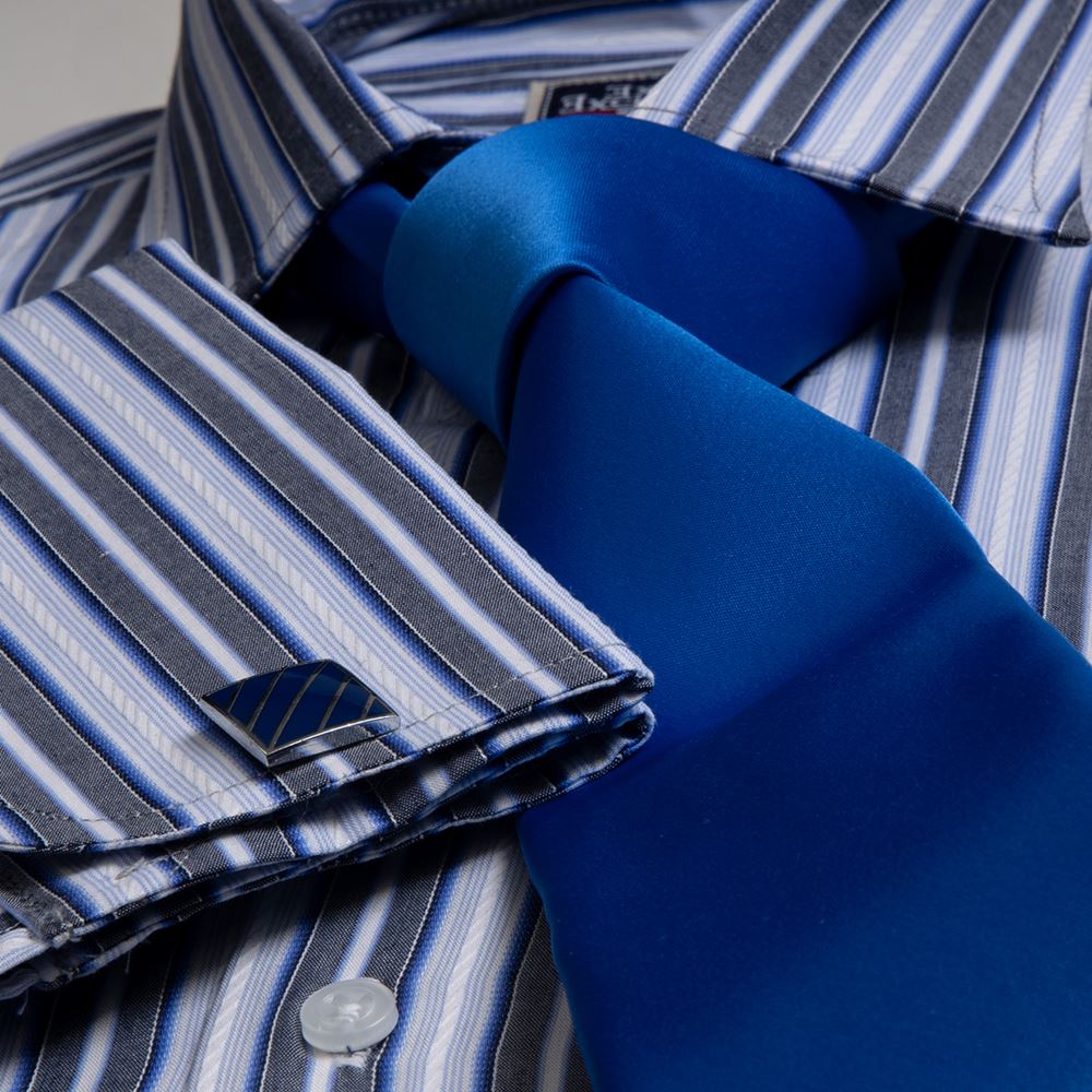 Gray Blue Striped French Cuff Shirt with Tie & Cufflinks