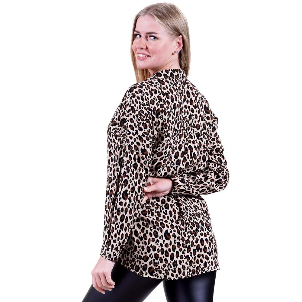 Brown Beige Leopard Oversize Women's Long Shirt