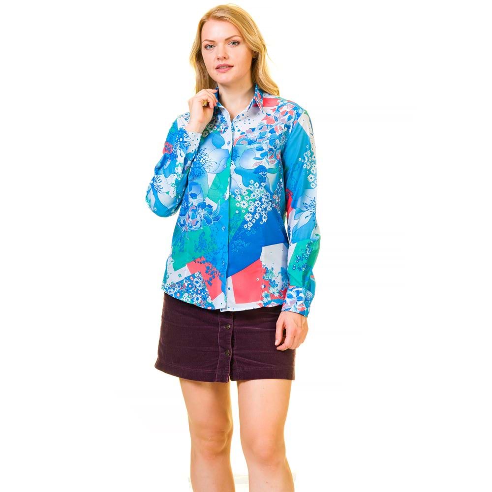 Blue and White Floral Digital Printed Women's Shirt