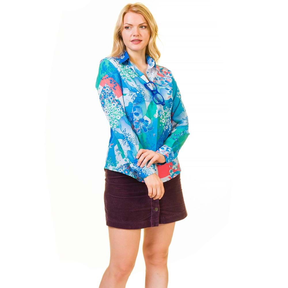 Blue and White Floral Digital Printed Women's Shirt