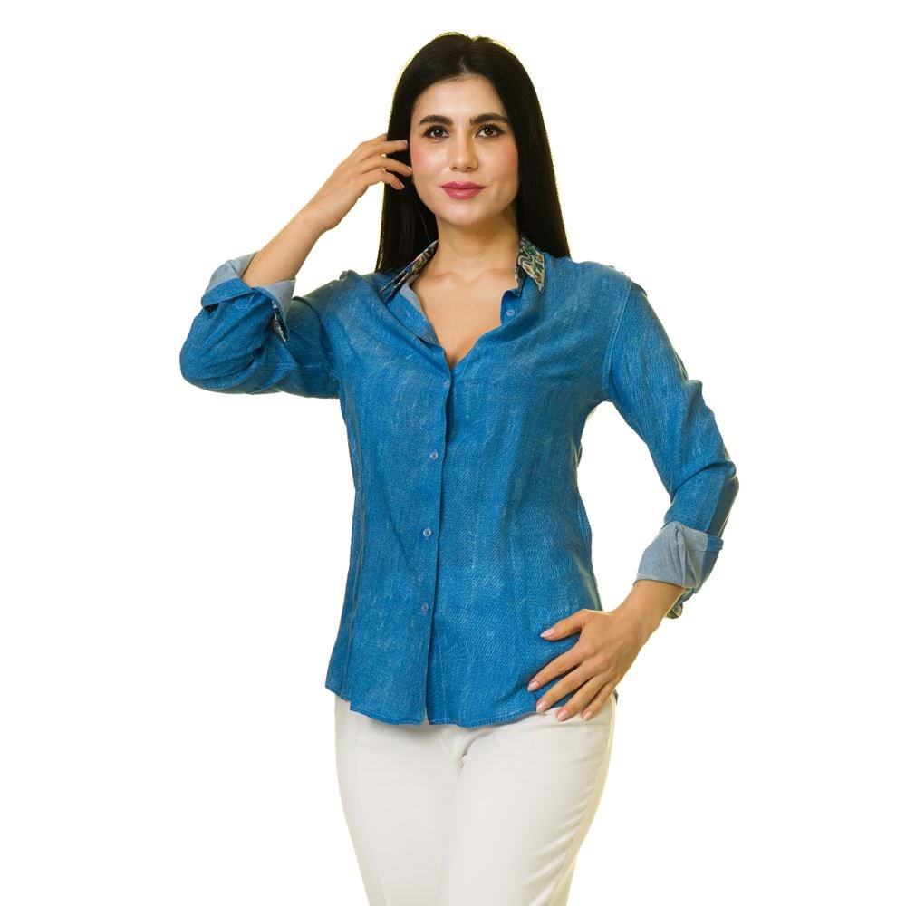 Blue with Printed Collar Women's Shirt