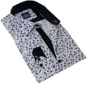 White with Navy and Green Flower Printed Men's Shirt