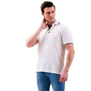 White with Geometric Printed Men's Polo Shirt