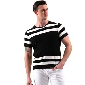 Black White Striped Cotton Viscose Tee O Neck T-Shirt