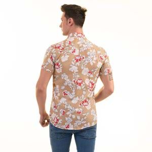White and Brownish Floral Men's Short Sleeves Shirt